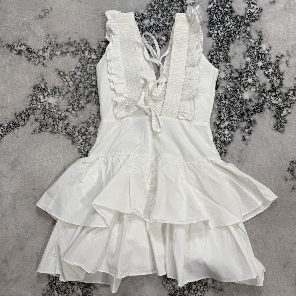 Hello Molly Womens 4 White Ruffle Tiered Mini Dress Cotton Cottagecore Fit Flare